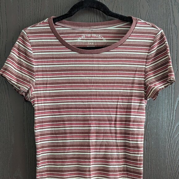 Cute Girly Striped T-Shirt Scalloped Ridged Sleeve - Picture 1 of 5